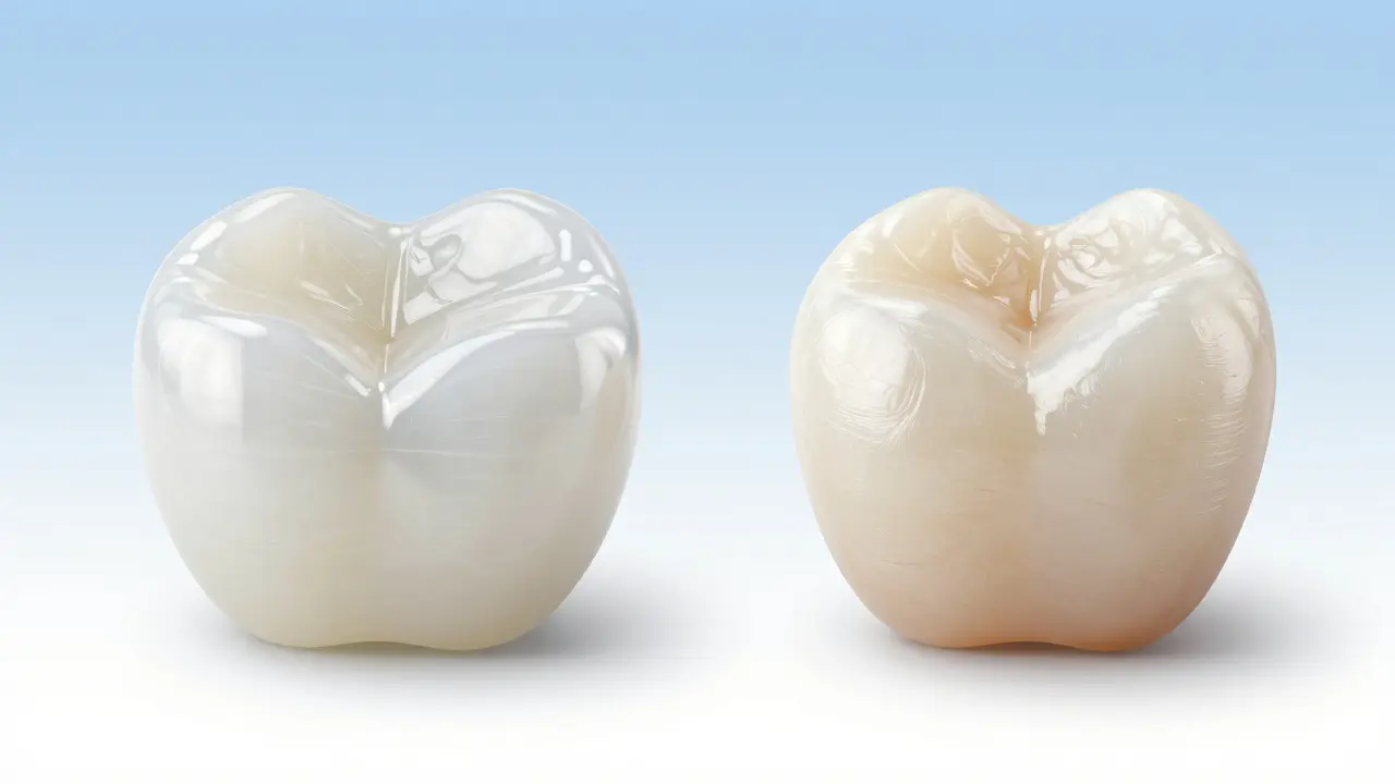 Srovnání textury a průsvitnosti keramické faseti a kompozitní spyšky.