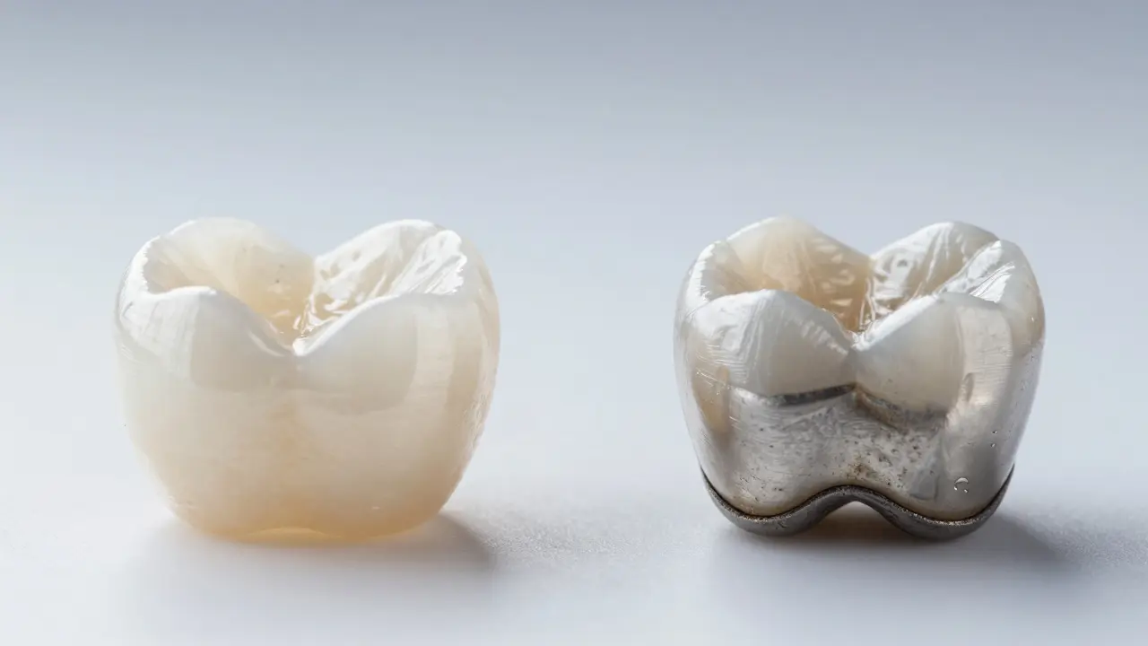 Srovnání zirkoniové korunky a kovokeramické korunky s tmavým okrajem.