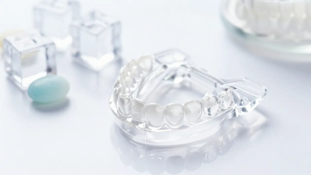 Transparentní protective dlahy proti skřípání zubů na bílém podkladu.