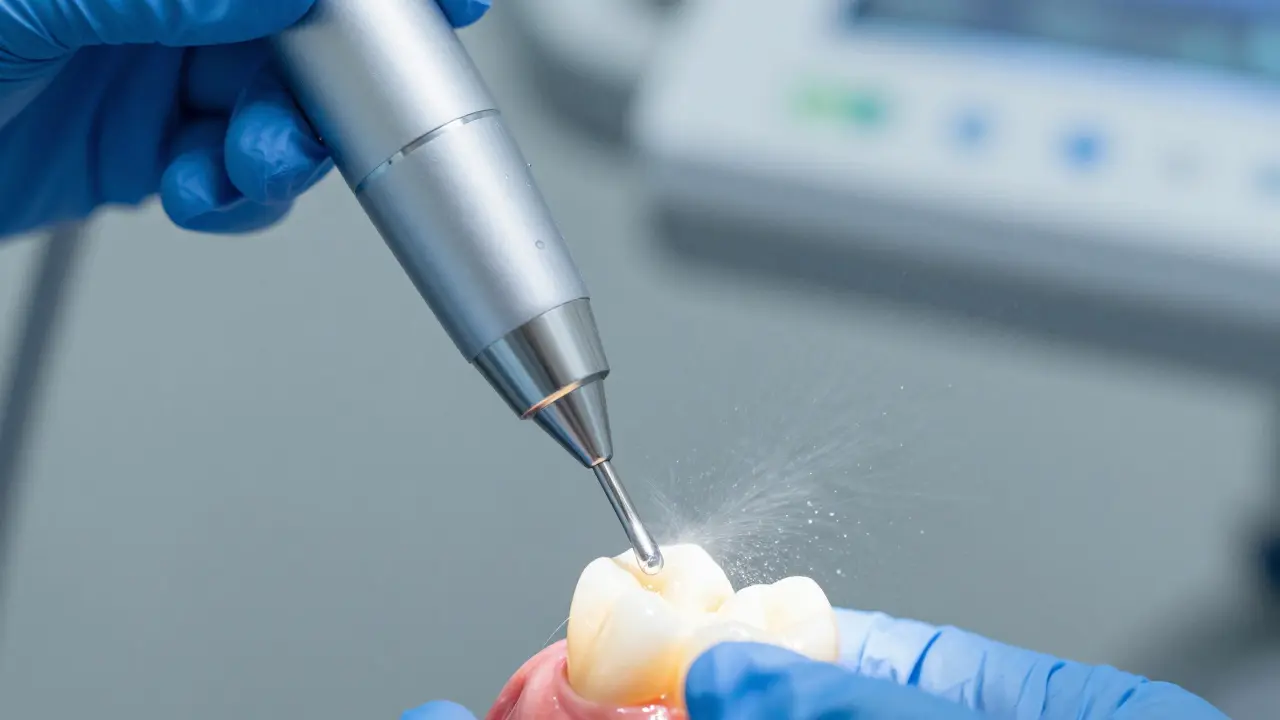 Ultrazvukové čištění zubů pomocí specializovaného přístroje s jemným proudem vody.