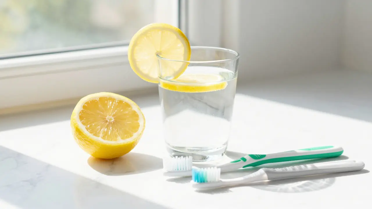 Voda s citronem a pomůcky pro dentální hygienu na mramorové desce.