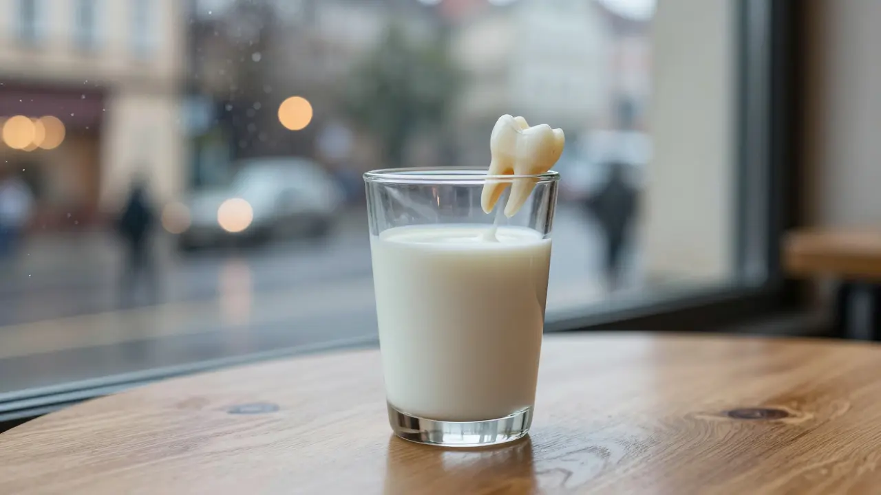 Vyražený zub v pohárku s mlékem u okna s výhledem na Prahu.