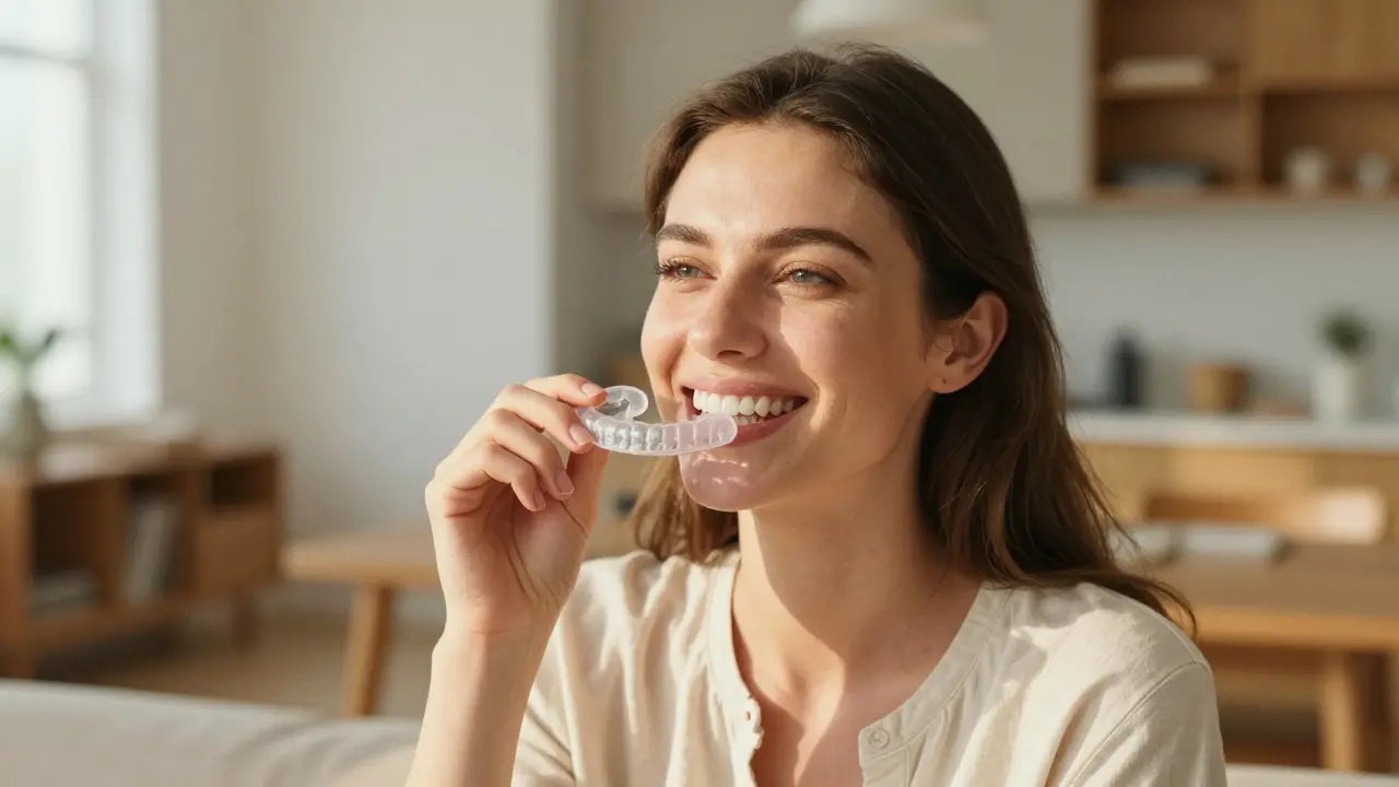 Žena drží ortodontický retainery pro udržení rovného chrupu