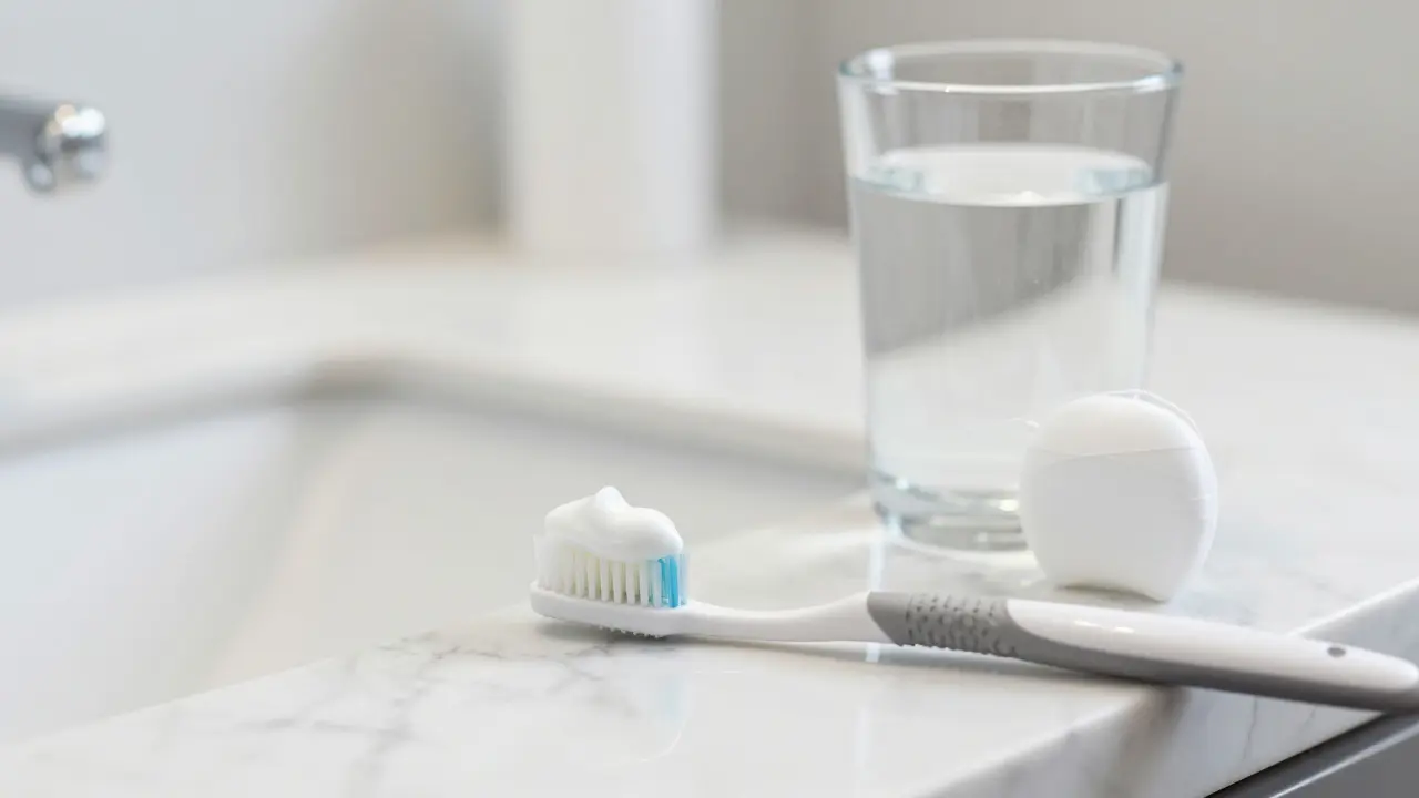 Zubní kartáček s pastou, dentální nit a sklenice vody na mramorovém povrchu.
