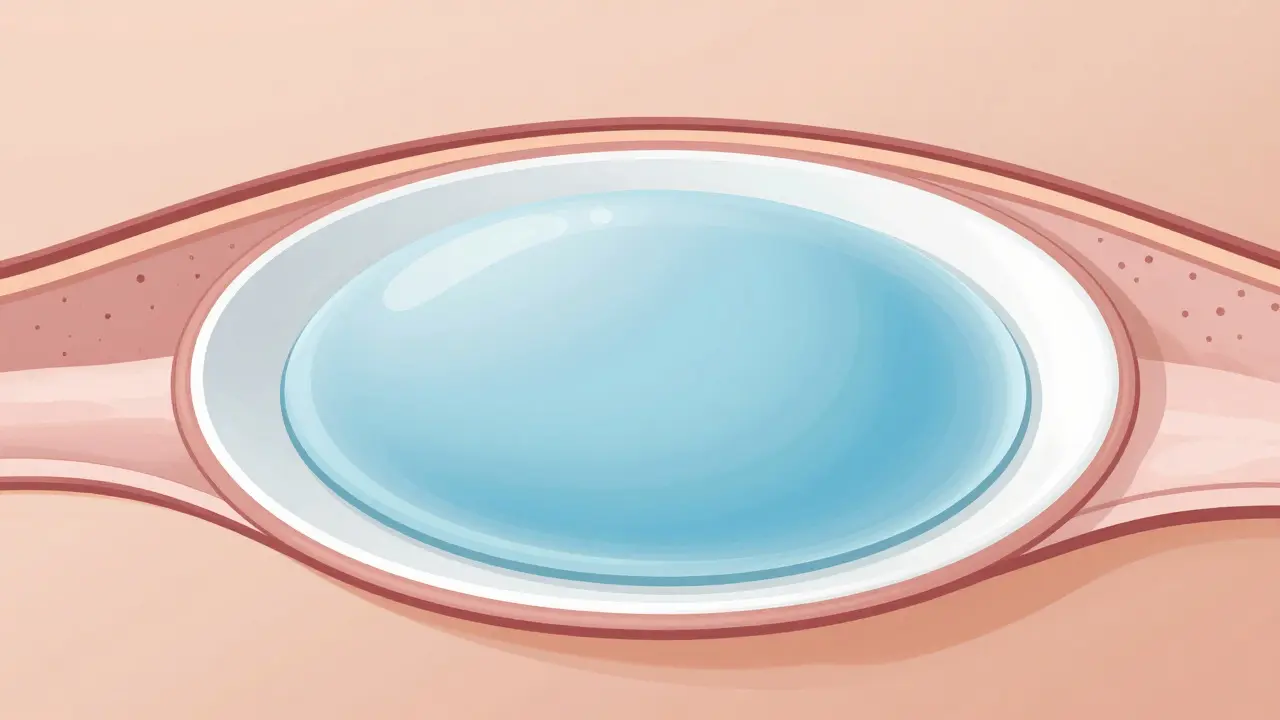 Anatomická ilustrace prasklého silikonového implantátu v kapsuli