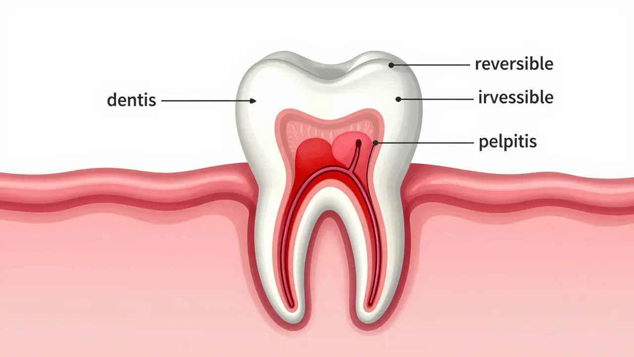 Anatomický průřez zubem ukazující zánět nervu