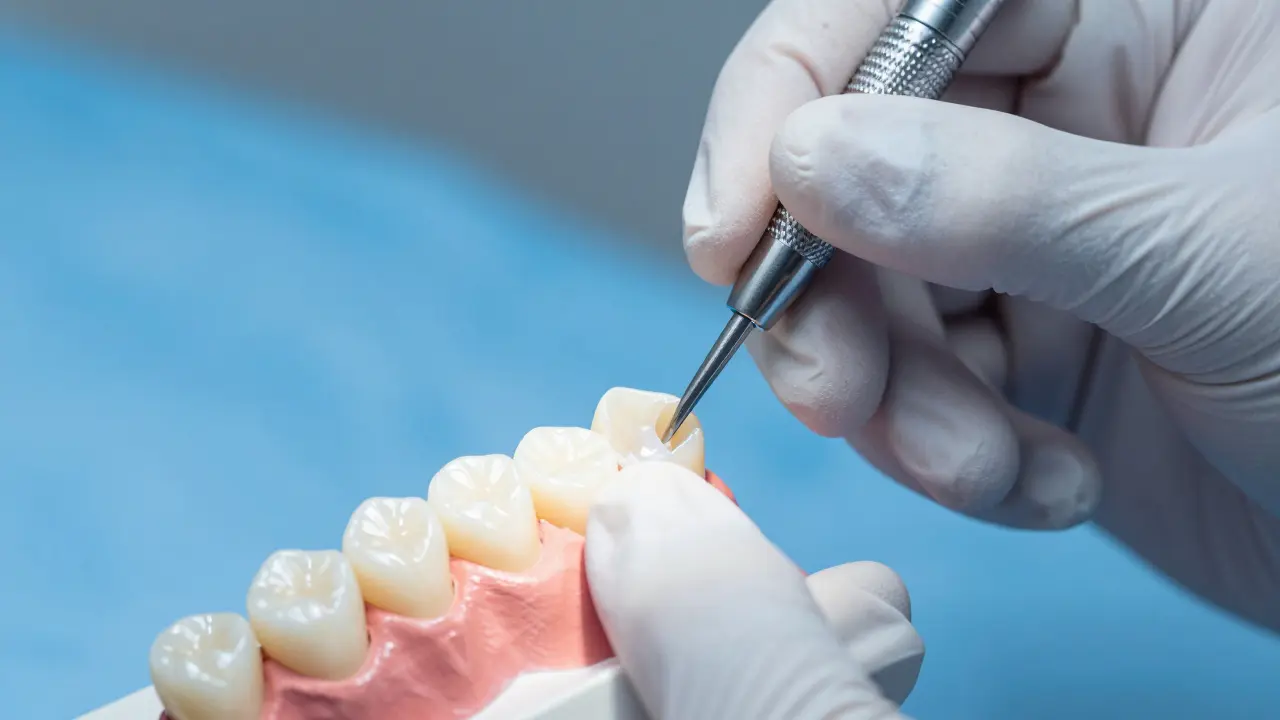 Dentista aplikuje keramickou fazetu na zub v klinickém prostředí