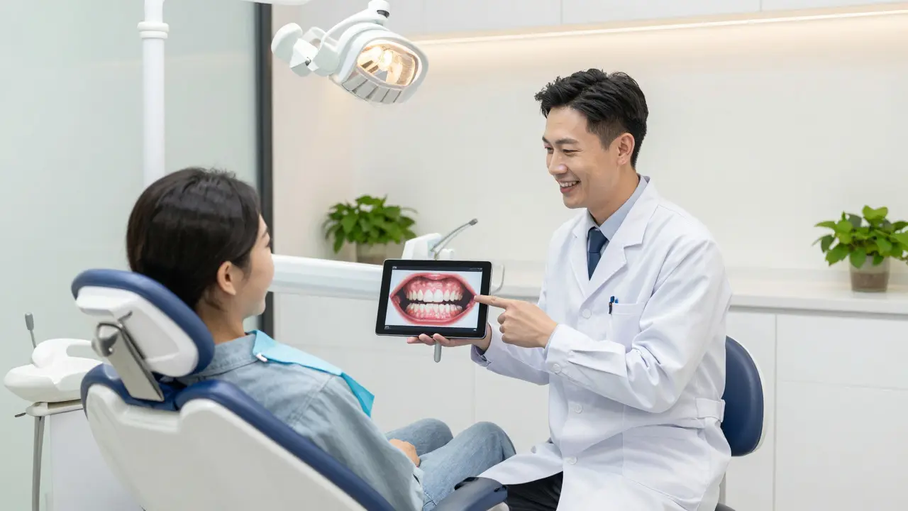 Dentista konzultuje digitální simulaci úsměvu s pacientem