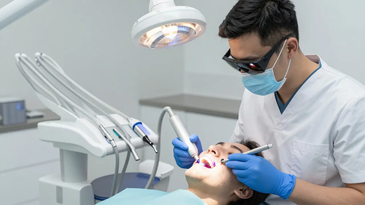 Dentista používá LED světlo k aktivaci gelu při profesionálním bělení zubů.