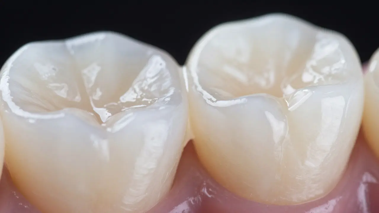 Detail keramického onlaye na zubu s důrazem na spojovací hranu