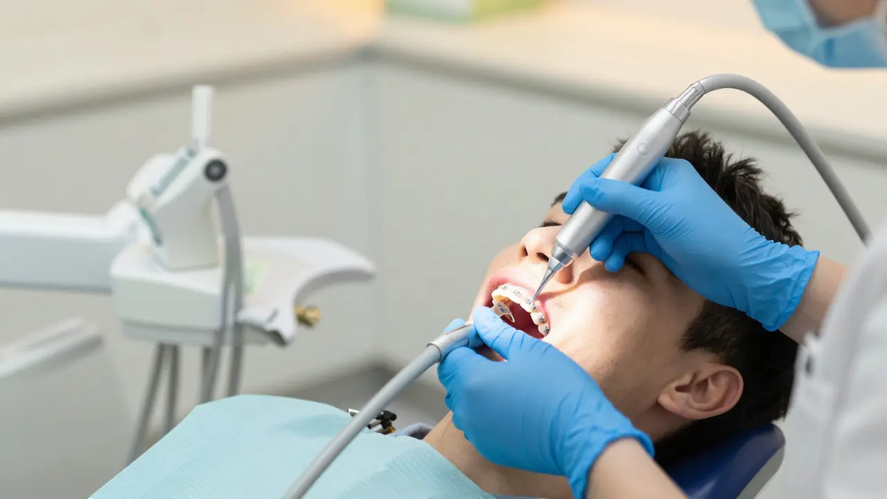 Hygienista čistí zuby s rovnátky ultrazvukovým škrabkou