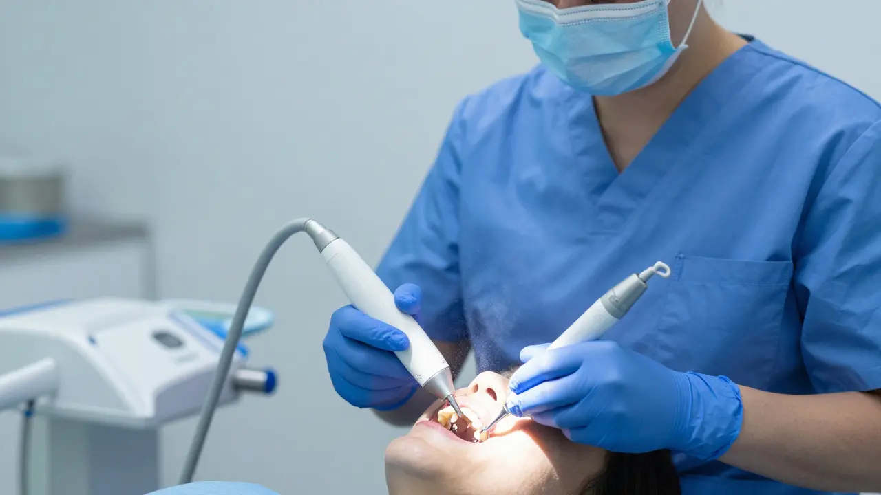 Hygienista používá ultrazvukový scaler k čištění zubů