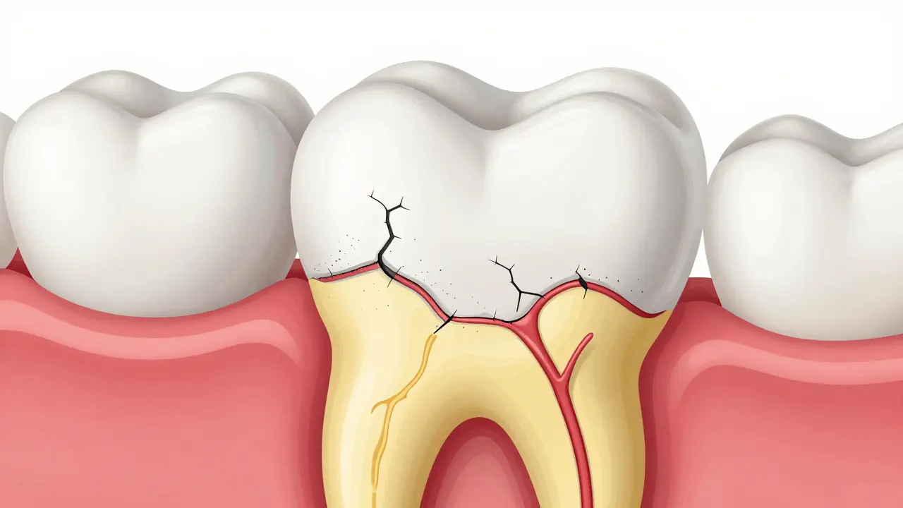 Příčný řez zubem ukazující erozi skloviny a odhalený dentin