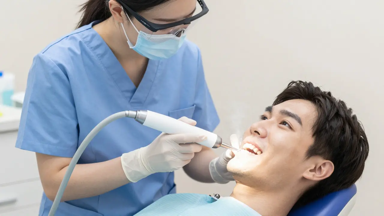 Profesionální zubní hygienista provádí bezpečné čištění Air-Flow