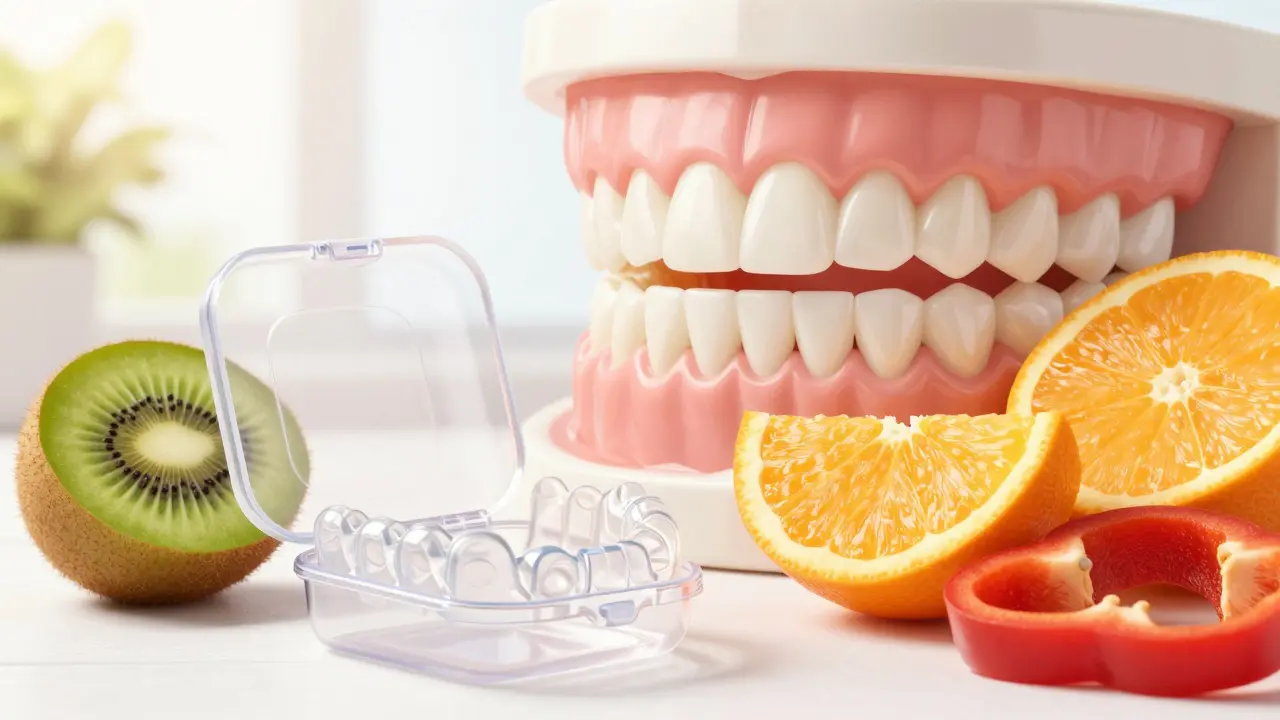 Retainer a ovoce bohaté na vitamin C pro prevenci a zdraví dásní.