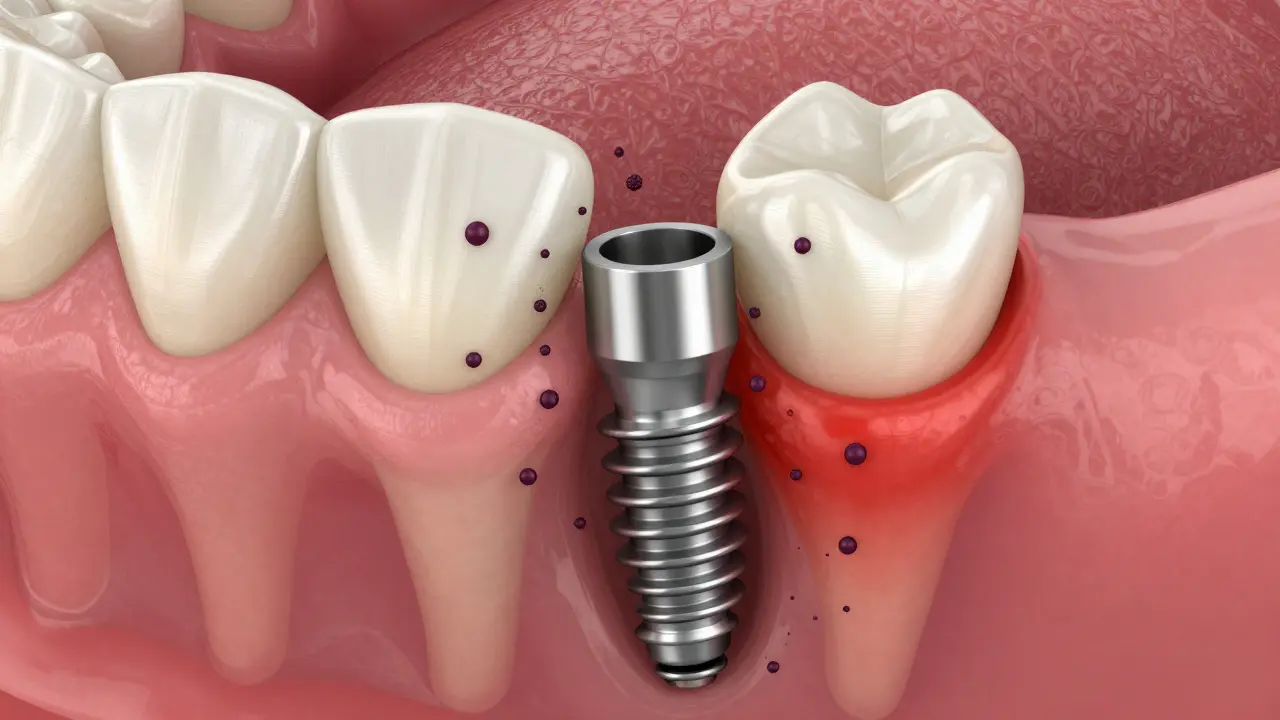 Schéma zánětu tkáně kolem zubního implantátu