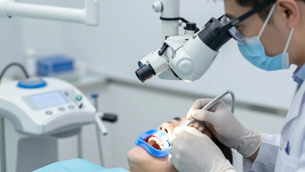 Zubní lékař provádí ošetření kořenových kanálků pod mikroskopem