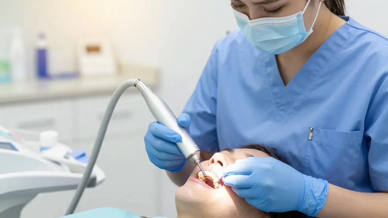 Dentální hygienistka čistí zuby ultrazvukem