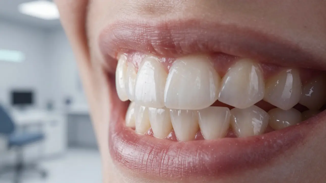 Detailní záběr úsměvu ukazující rozdíl mezi matnou kompozitou a lesklým porcelánem