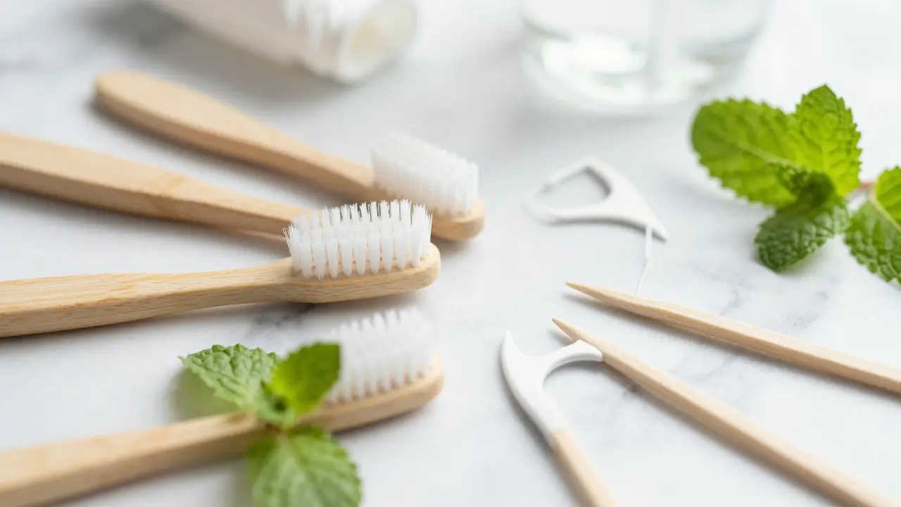 Interdentální kartáčky a pasta na ústní hygienu po kyretáži zubů.