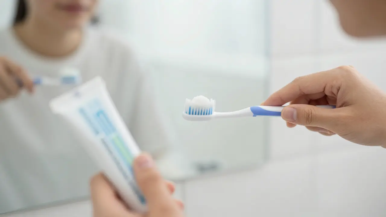 Osoba pečlivě čistící zuby pastou pro prevenci zubního kazu