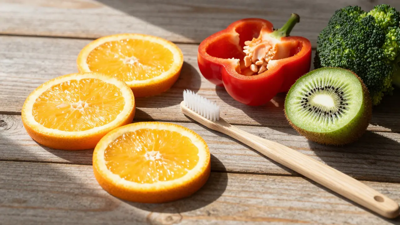 Ovoce s vitamínem C a zubní kartáček