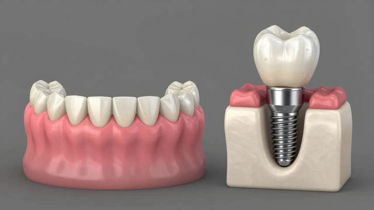 Porovnání zubního můstku a implantátu v detailním 3D záběru