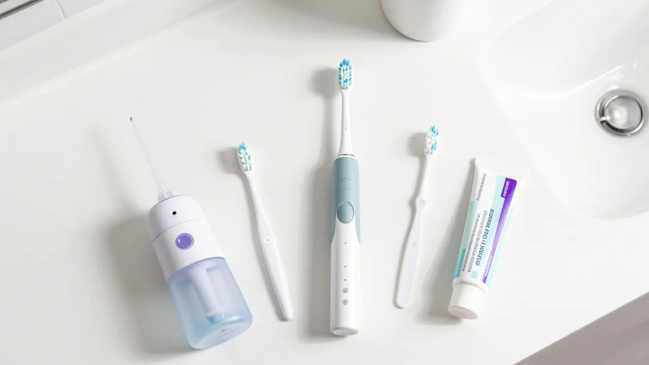 Přehled hygienických pomůcek: elektrický kartáček, irrigátor a mezizubní štětce