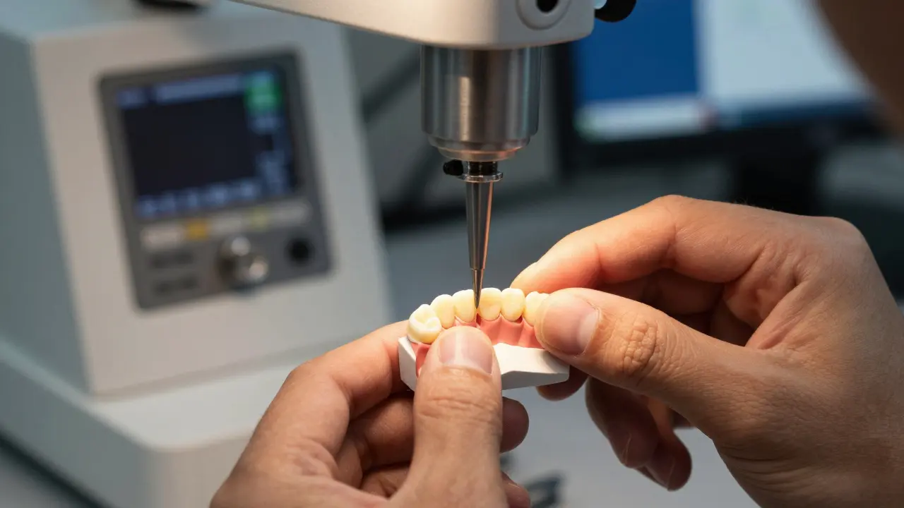 Technik zpracovává keramický zubní můstek v moderní laboratoři