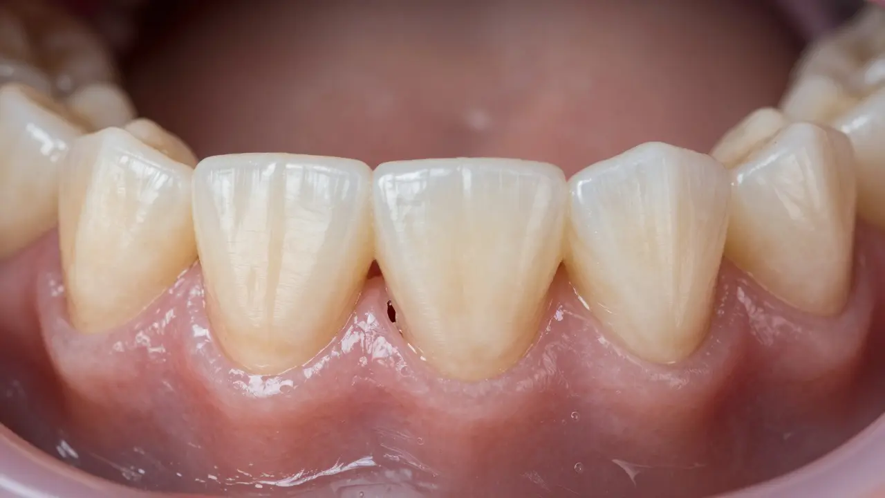 Zubní implantát s viditelnou mezerou mezi korunou a dásní