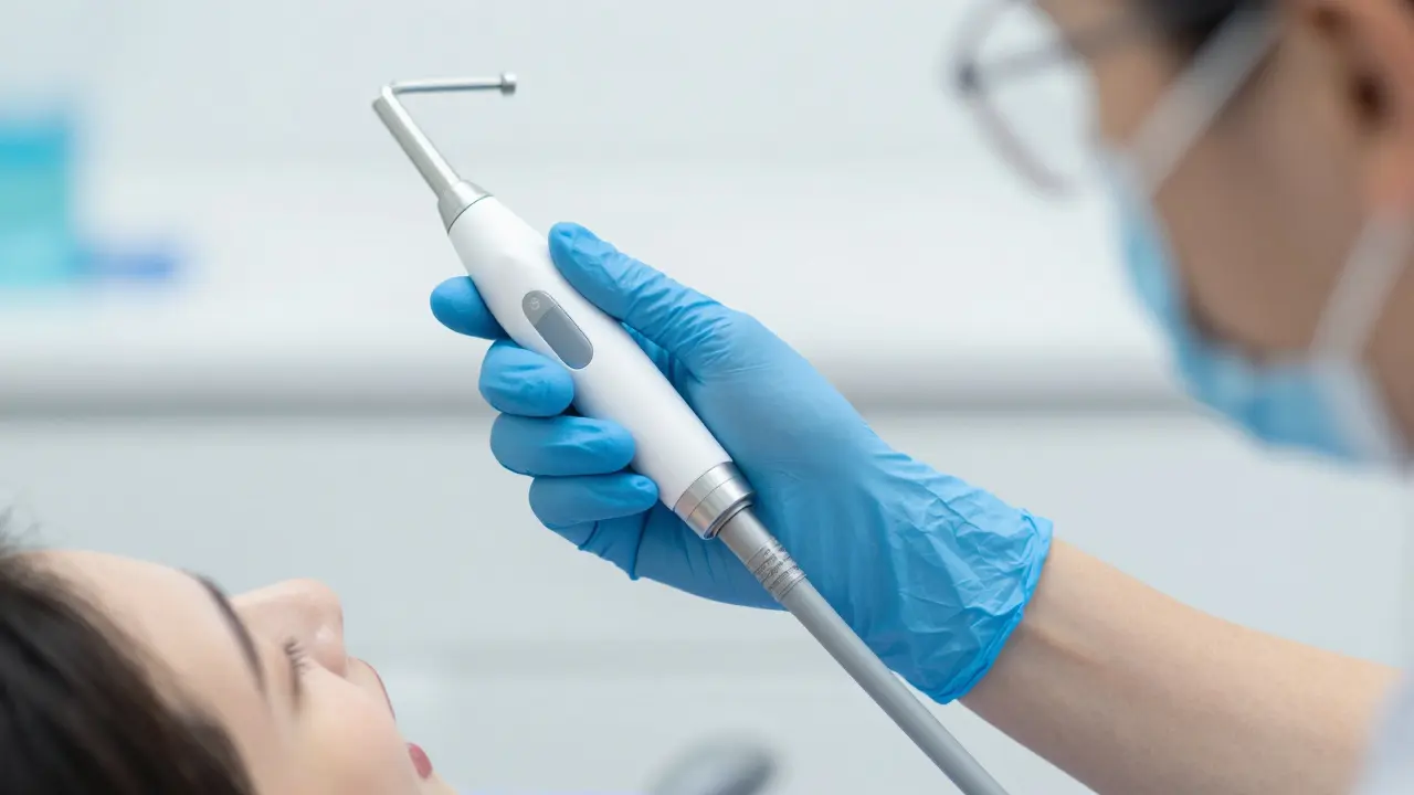 Hygienistka s ultrazvukovým nástrojem v ordinaci