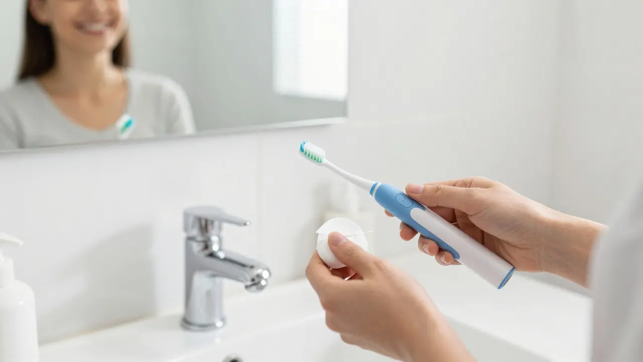 Osoba používající elektrický kartáček a nit pro ústní hygienu