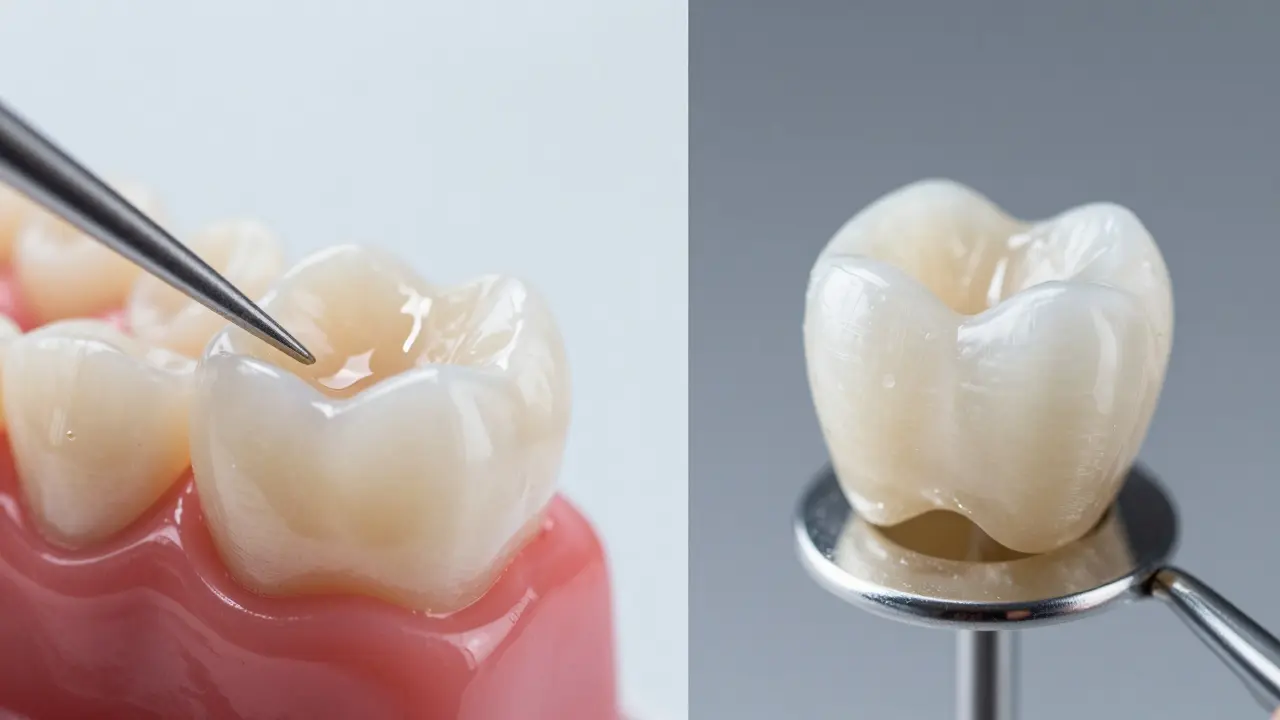 Porovnání kompozitní výplně a keramické korunky na modelu zubu