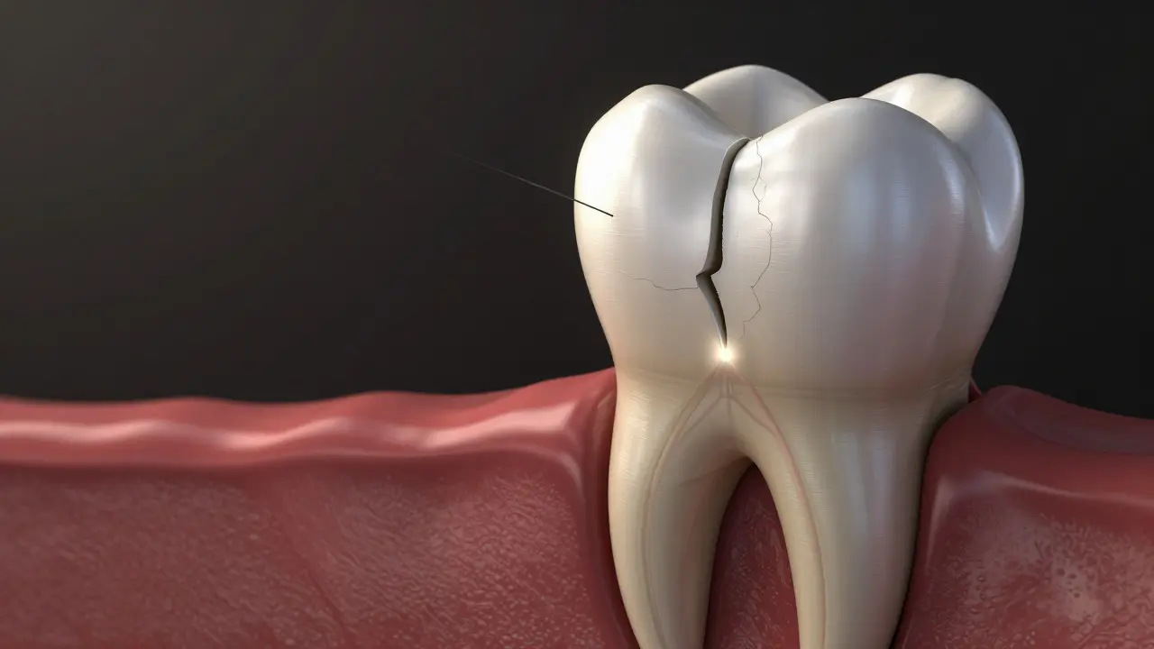 Prasklina v zubu sahající do dentinu a nervu