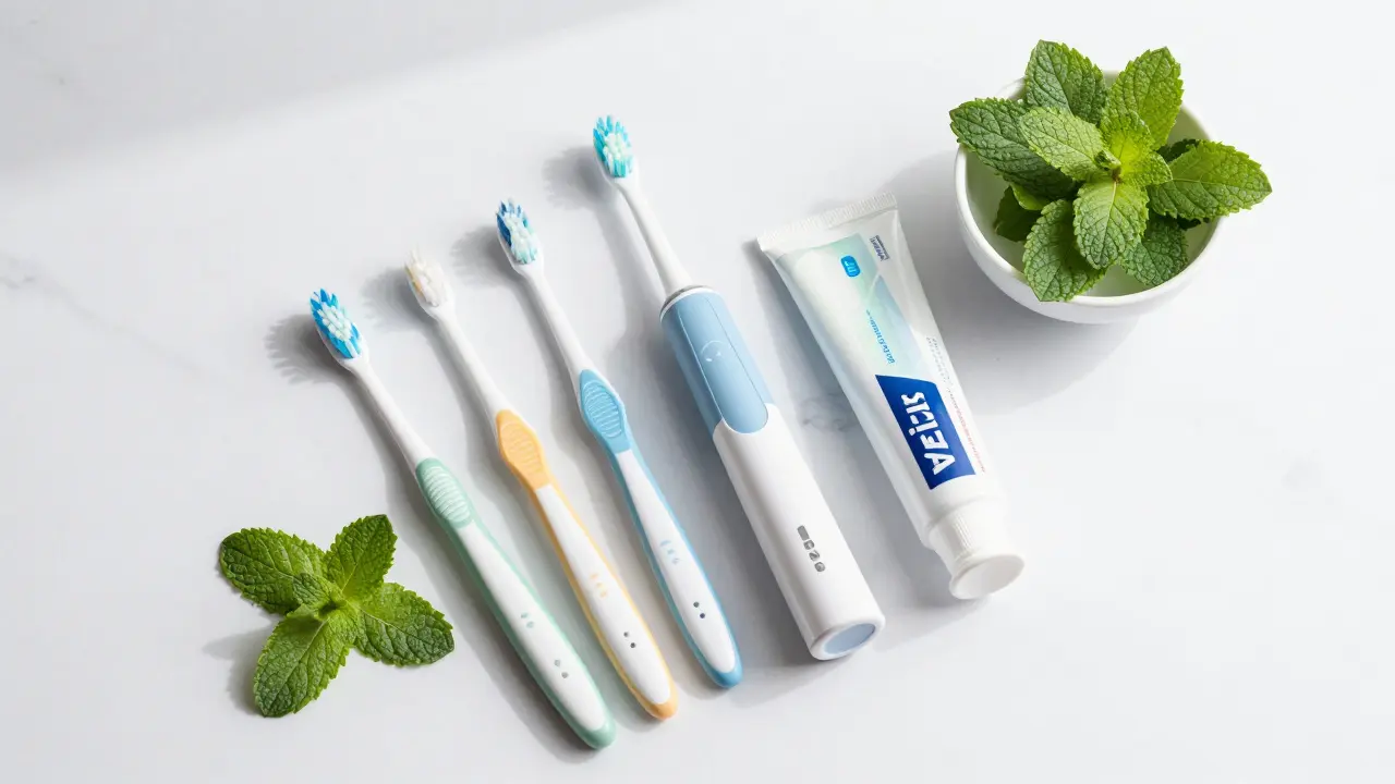 Příslušenství pro domácí ústní hygienu na bílém mramoru