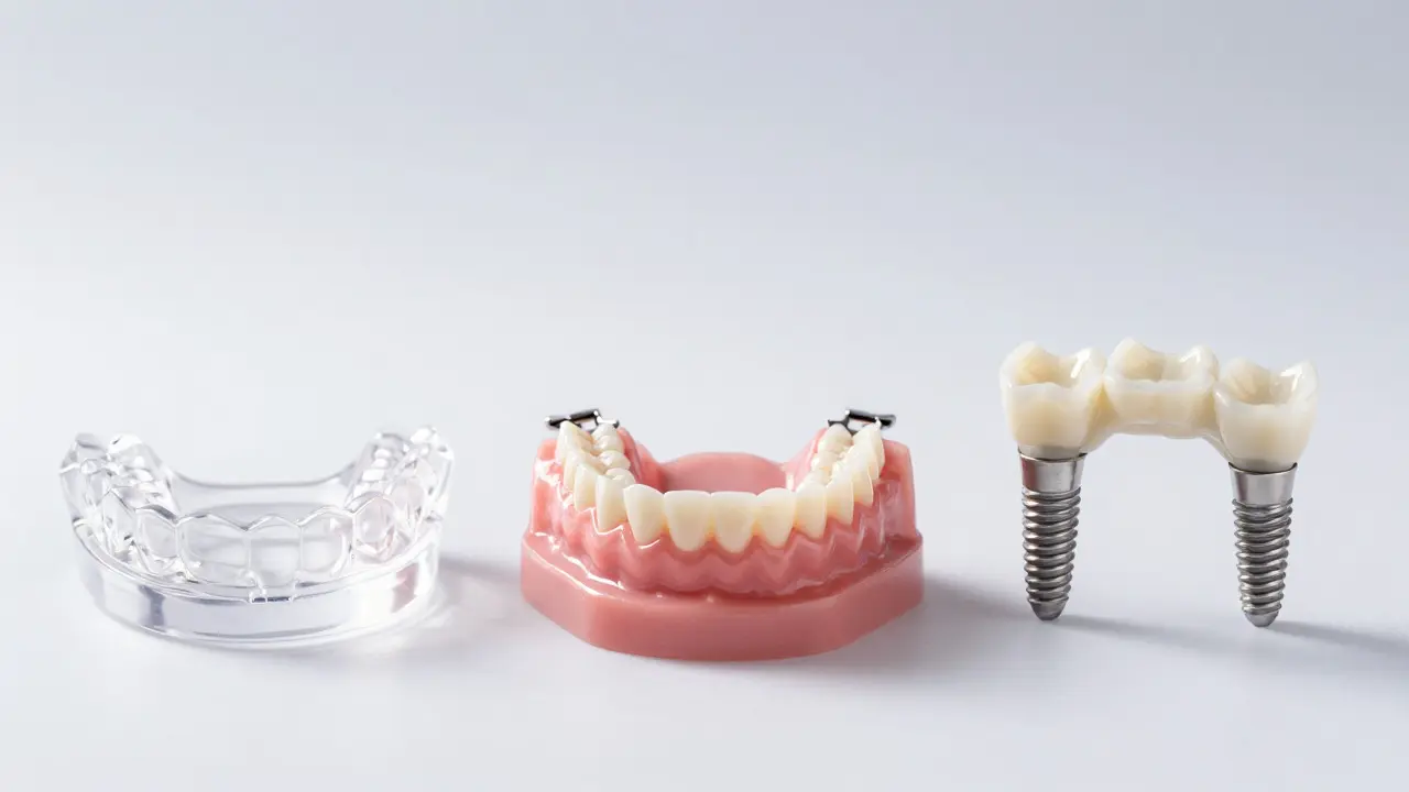 Tři typy zubních náhrad: akrylátová protéza, implantát a fixní můstek