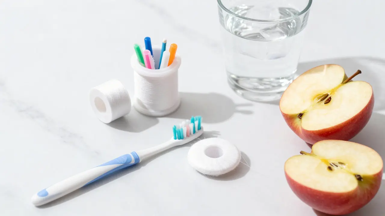 Zubní nit, mezizubní kartáčky, voda a jablko jako symboly dobré hygieny
