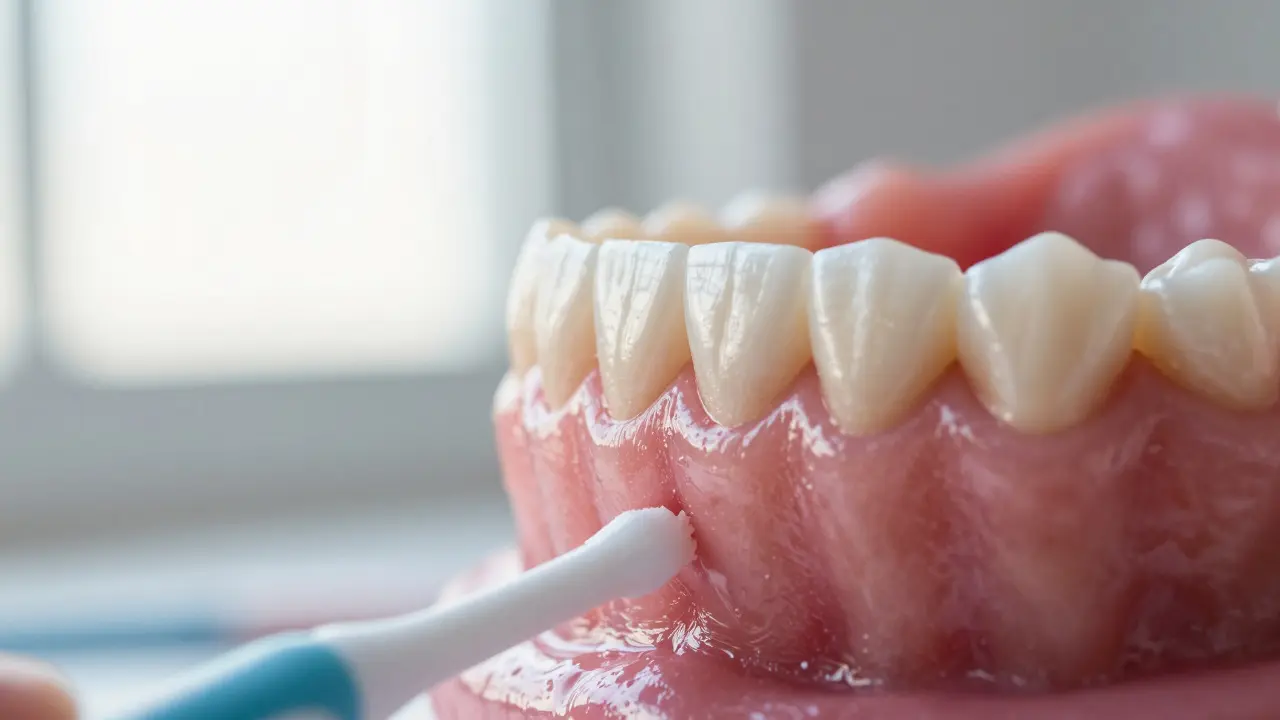 Detail zdravých růžových dásní a zubů v procesu hojení