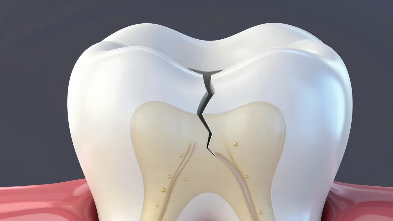 Detailní pohled na prasklou zubní sklovinu odhalující dentin