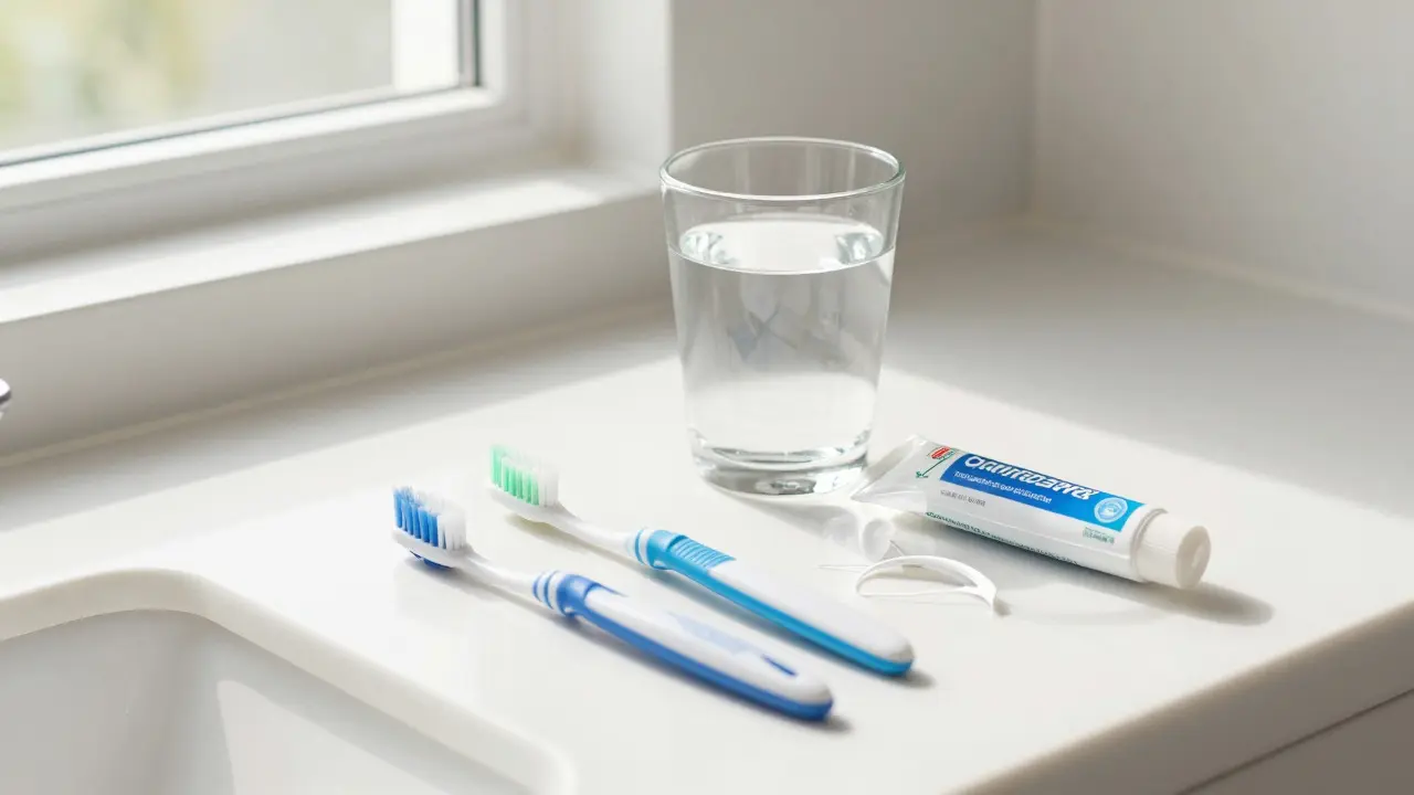 Hygienické pomůcky pro rovnátka na koupelnovém pultu