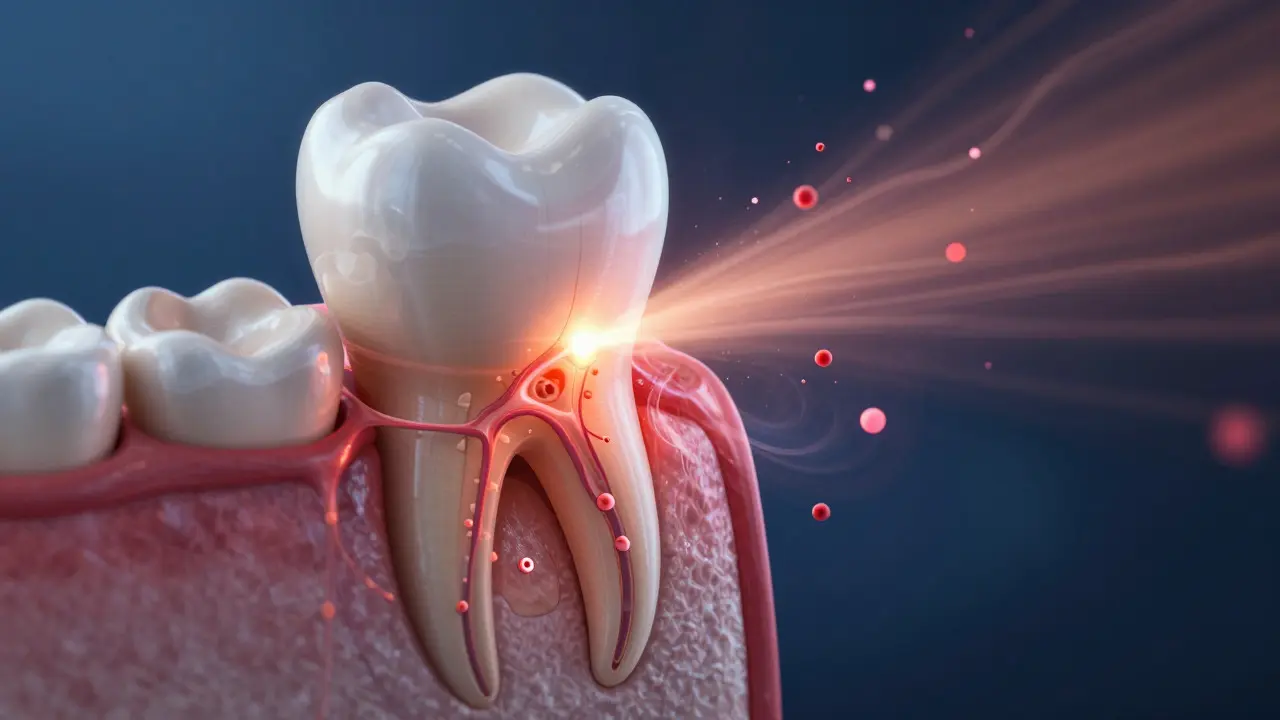 Konceptuální ilustrace ukazující, jak laser stimuluje kostní remodelaci kolem kořene zubu pro rychlejší pohyb