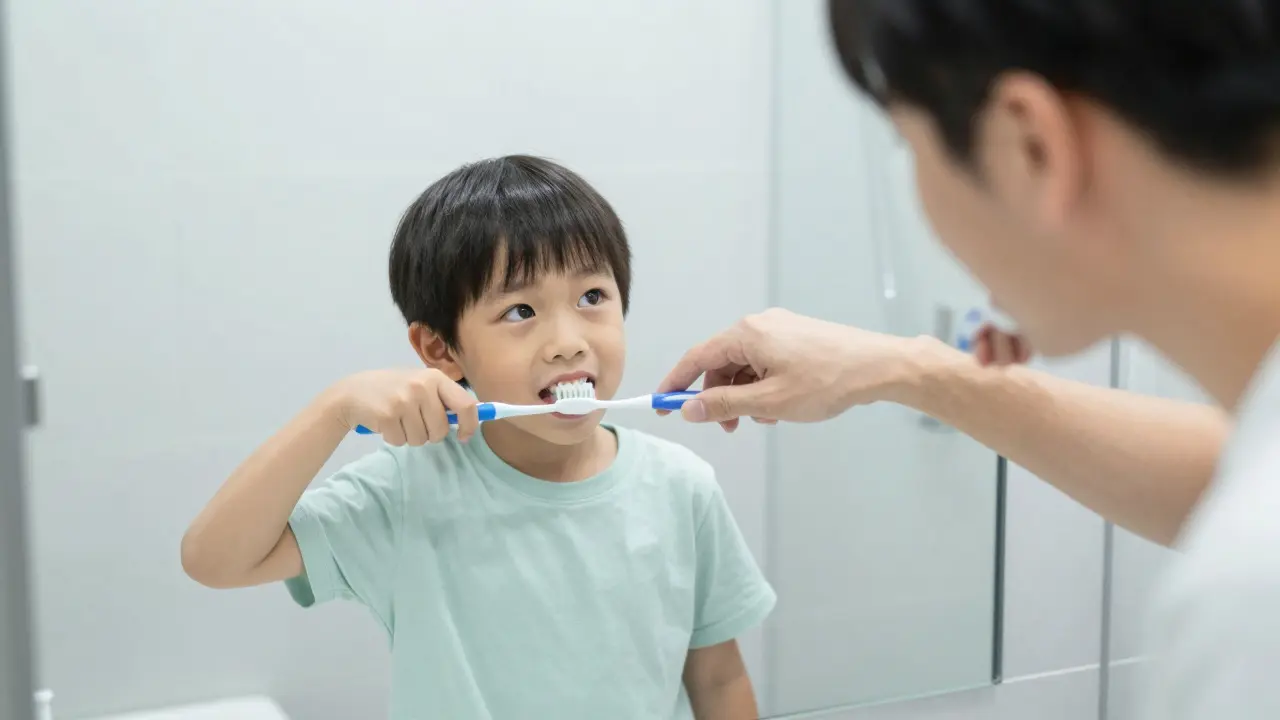 Rodič pomáhá dítěti čistit zuby v koupelně pro správnou hygienu