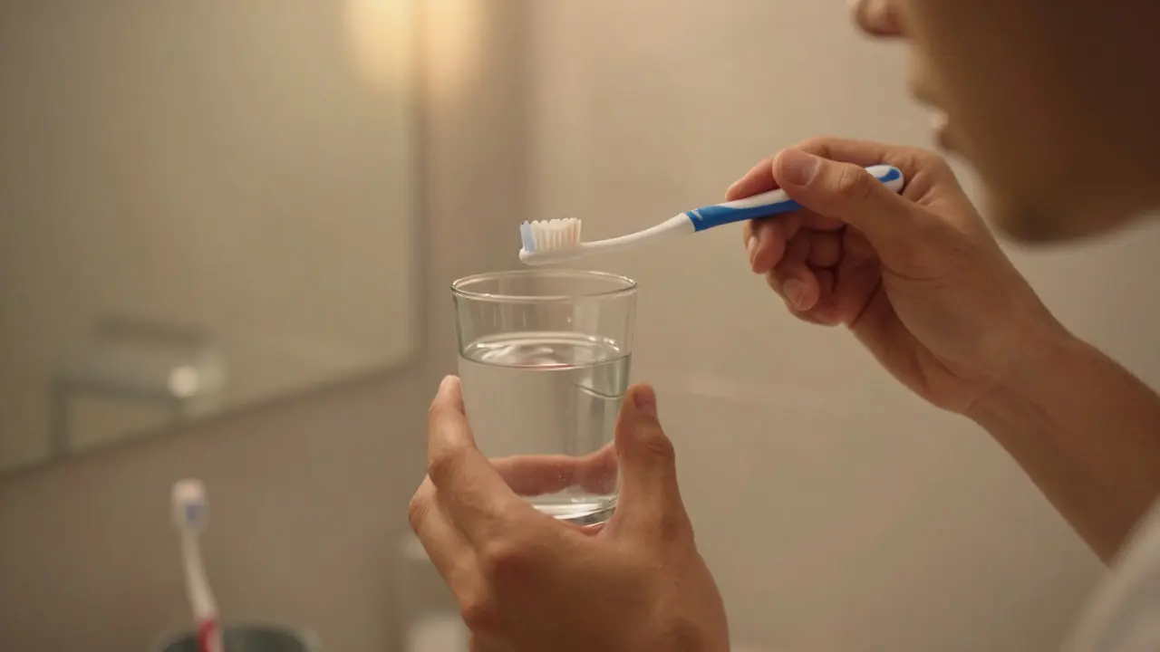 Ruce držící vodu a meziprostorový kartáček během denní ústní hygieny