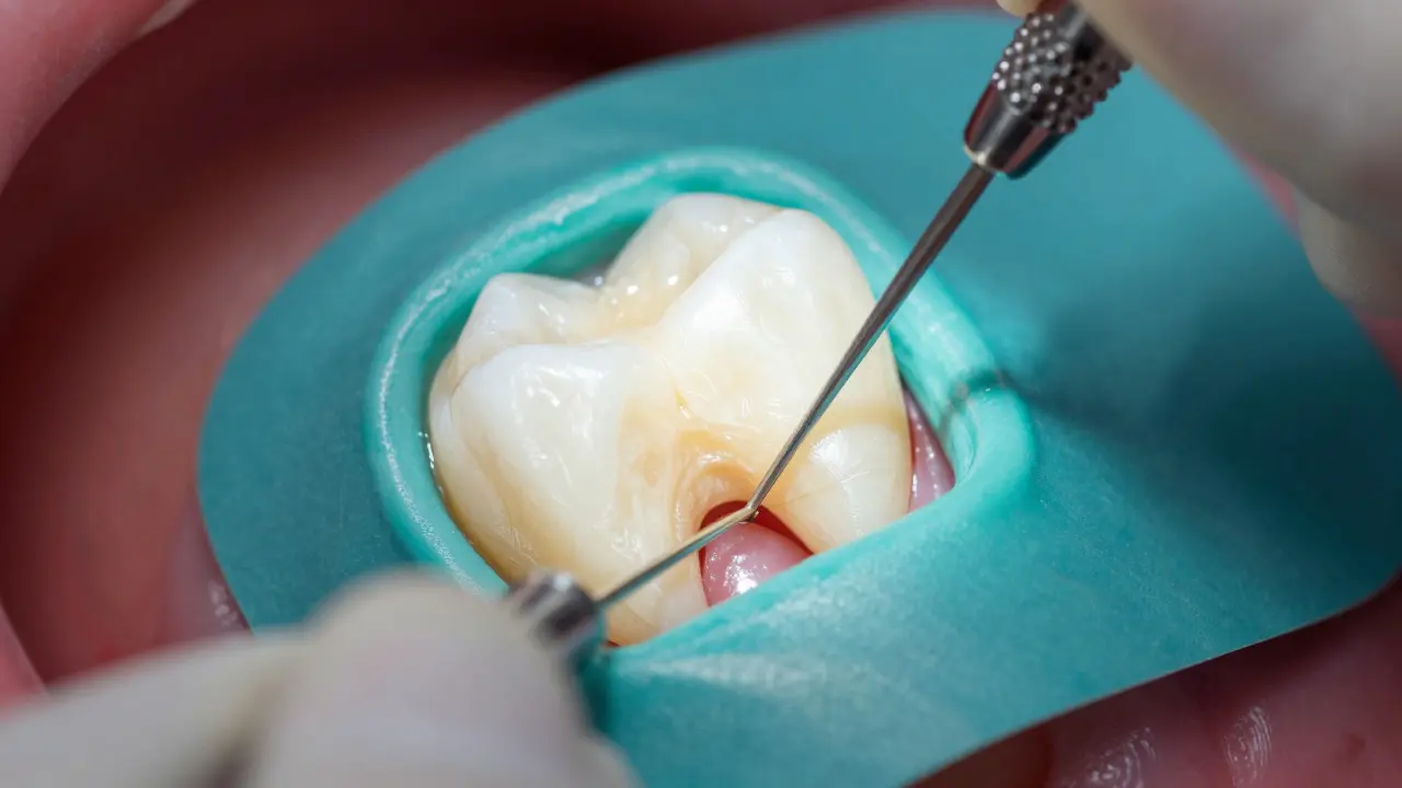 Záběr na čištění kořenového kanálu nástroji během endodoncie