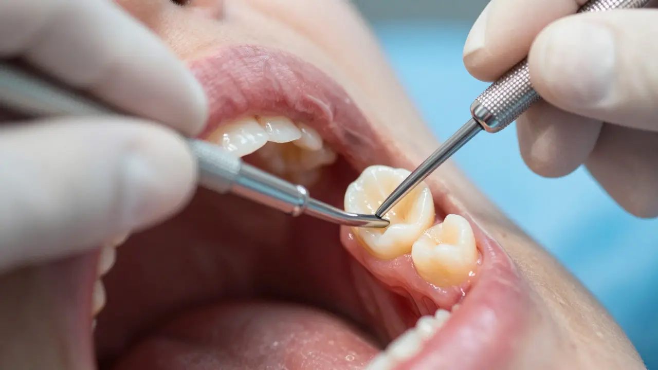 Zubní lékař měří hloubku kapsy parodontální sondou během vyšetření
