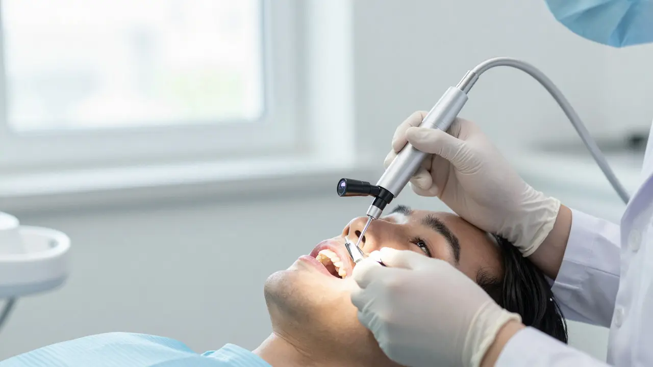 Zubný lekár diagnostikuje prasklinu pomocou špeciálneho nástroja