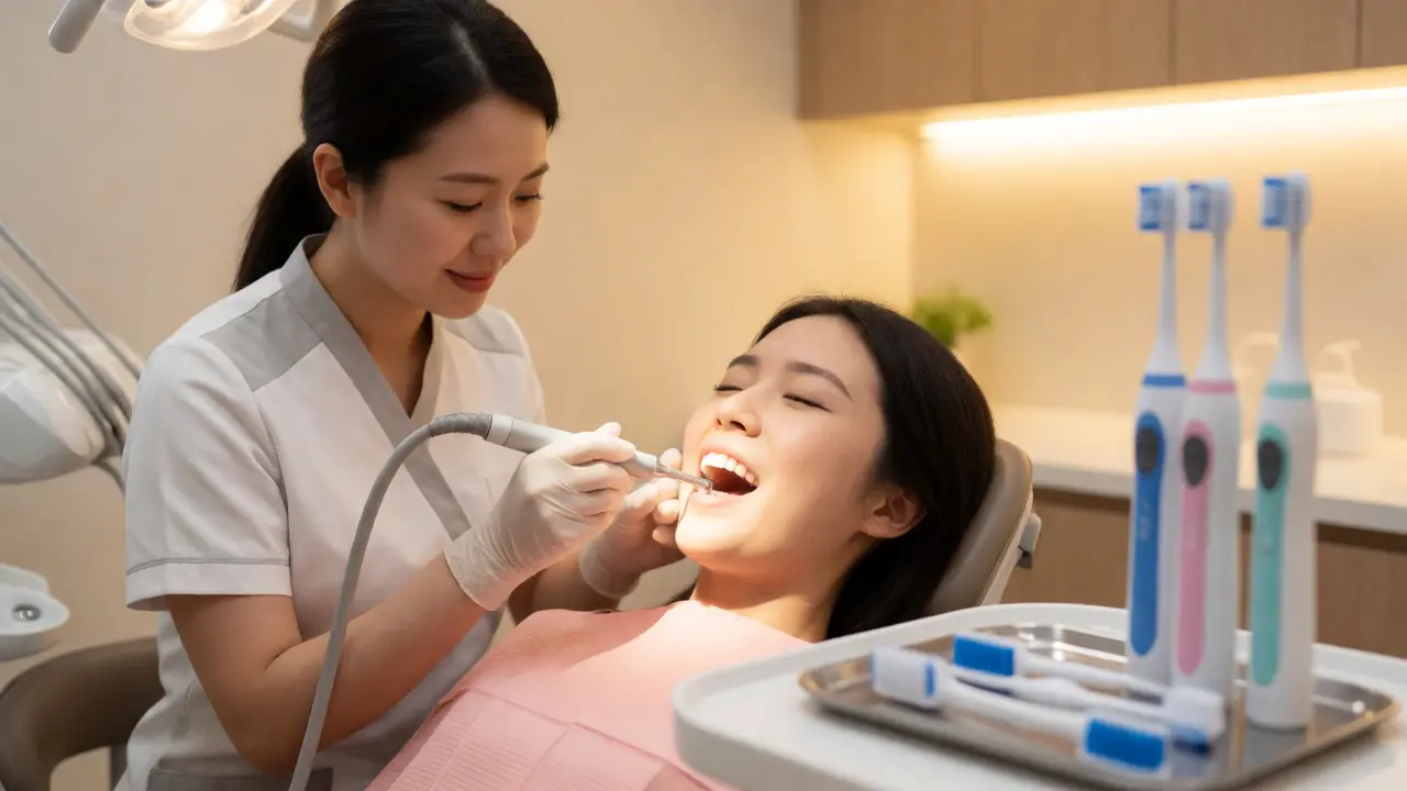 Dentální hygienista odstraňuje zubní kámen ultrazvukem