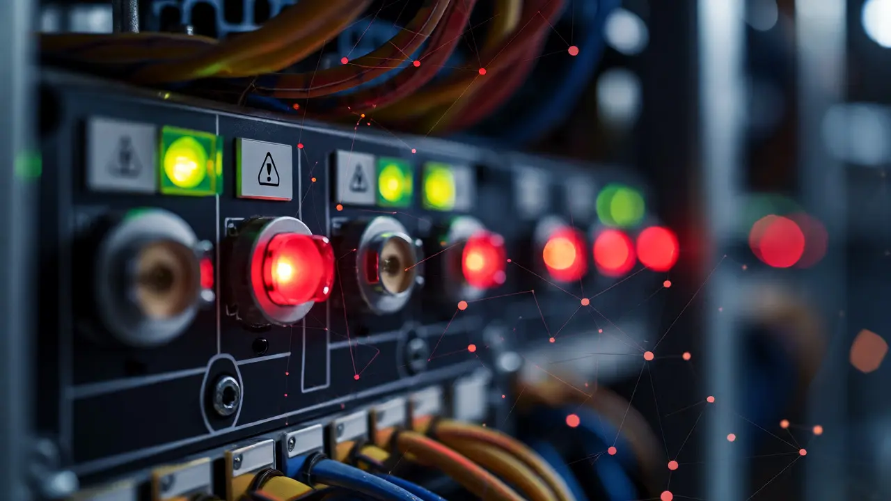 Detail průmyslového ovládacího panelu s varovným světlem a digitální sítí