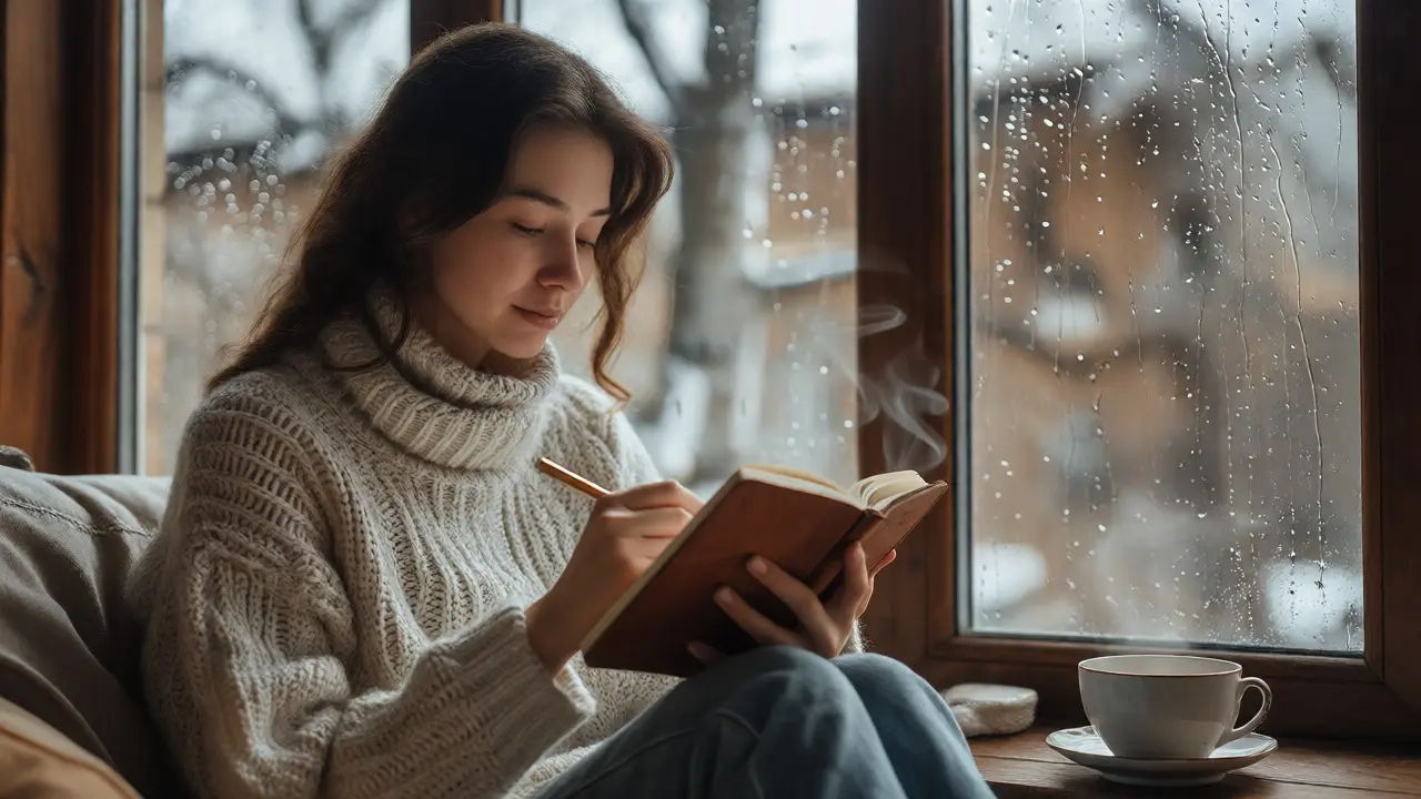 Dívka píše do deníku u okna, odrazuje klid a sebepoznání po snění