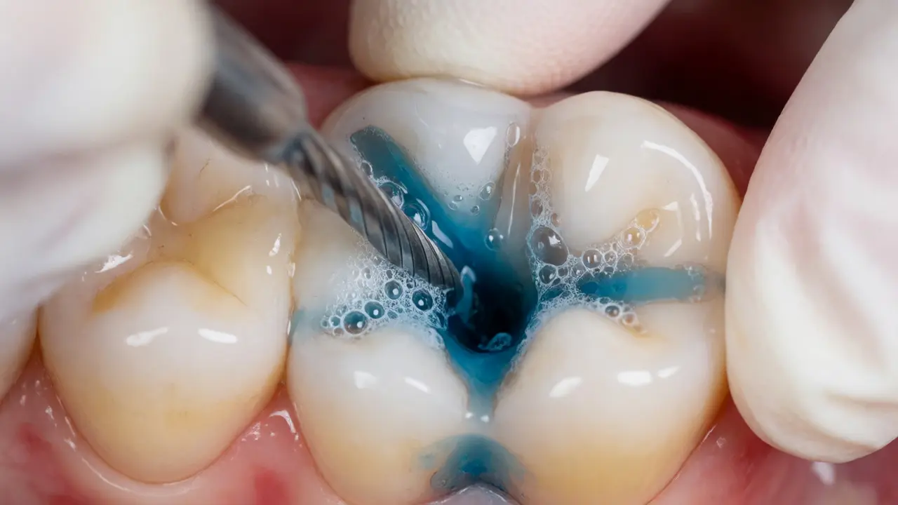 Endodontický pilník čistí kořenový kanál pod dezinfekcí